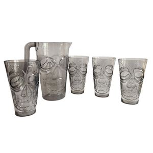 Halloween Creepy Scary Skull Pitcher and 4 Glasses